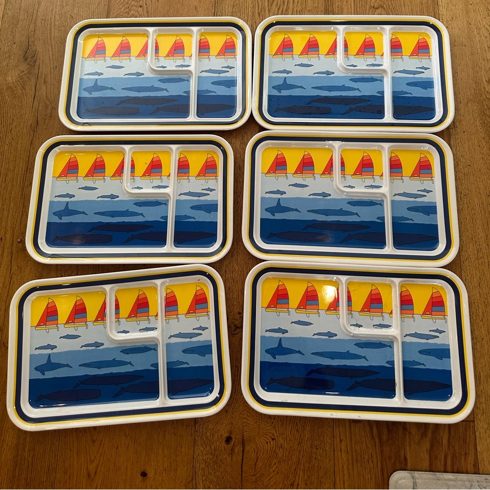 ONEIDA Melamine Lunch Trays Vintage 1978 Set of 6 Sailboat Whale Divided